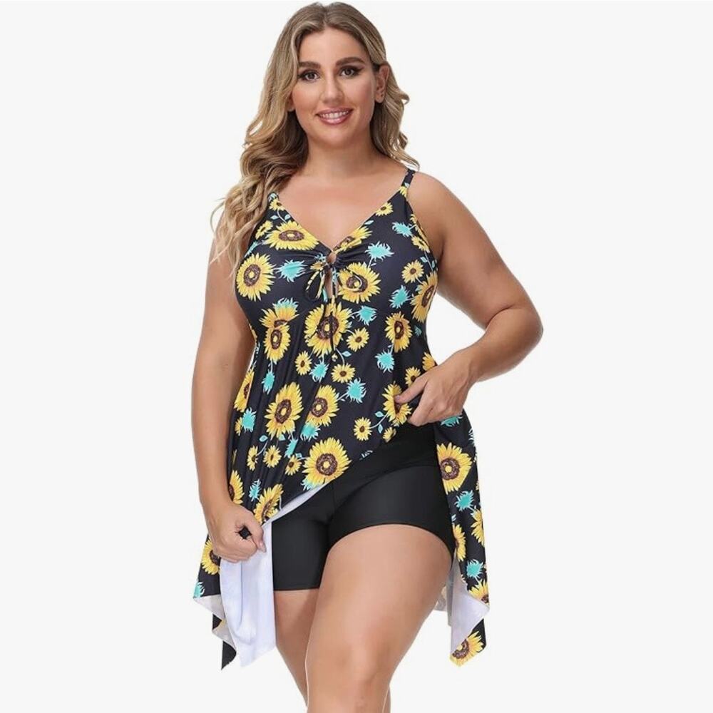 Hanna Nikole Womens Swimsuit Dress Sunflower Print Asymmetrical Hem Blue Yellow - Picture 15 of 16